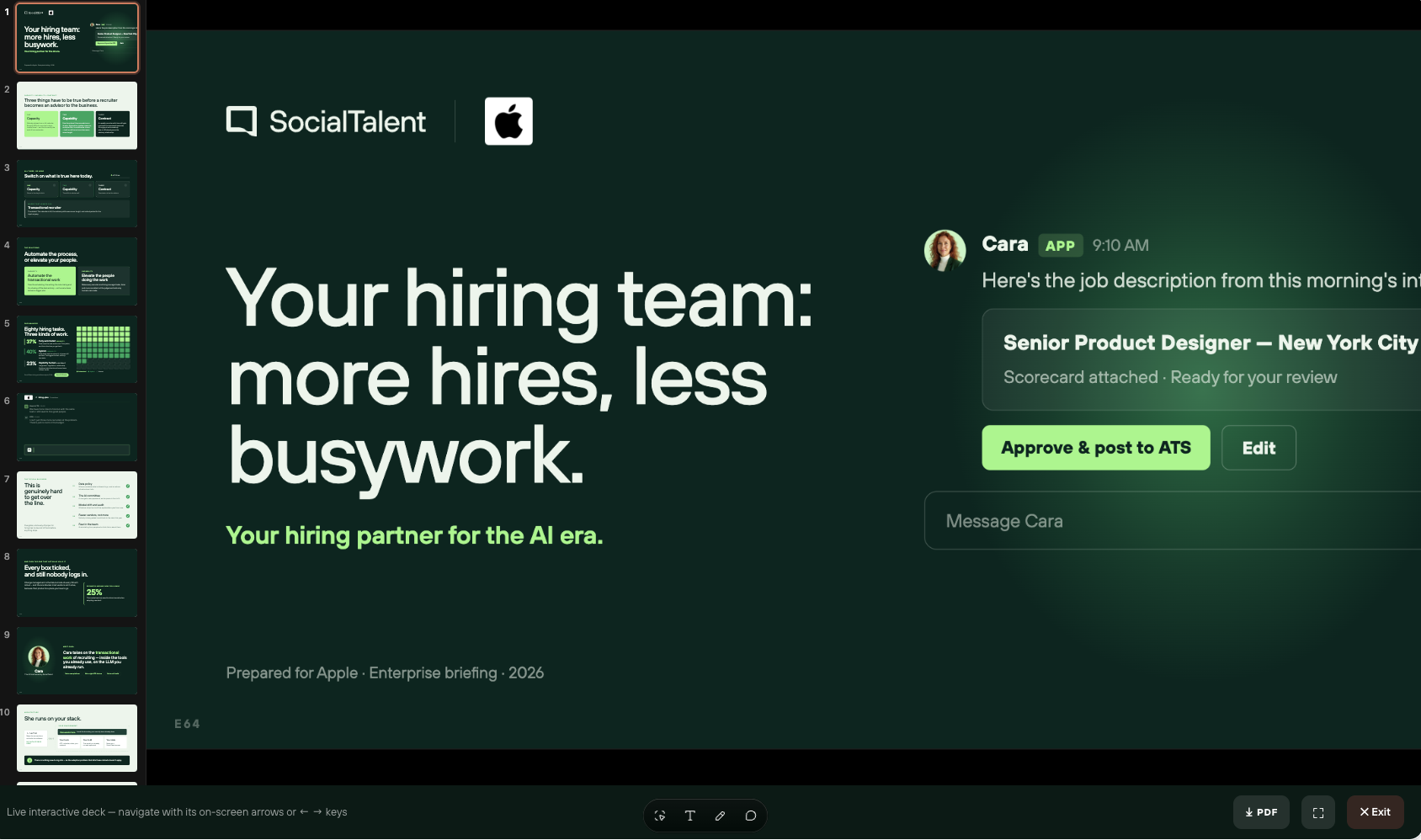 The pitch Pitchfork produces: a live, interactive deck whose title slide reads 'Your hiring team: more hires, less busywork. Your hiring partner for the AI era.' with the prospect's logo beside SocialTalent's, a Cara message in a Slack-style card, and the slides chosen for this run listed down the left, with a PDF download button.