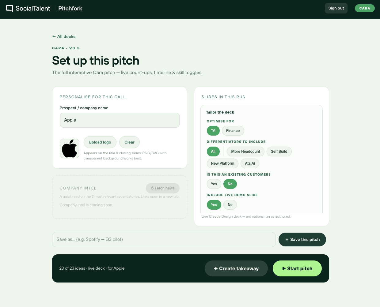 Pitchfork's 'Set up this pitch' screen: a prospect name and logo on the left, and toggles on the right for audience, differentiators, existing customer and a live demo slide, above Create takeaway and Start pitch buttons.